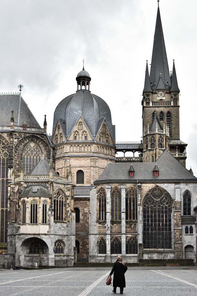 Aachen Cathedral seen from the Katschhof square, with the domed Carolingian octagon, the Gothic choir and the west tower