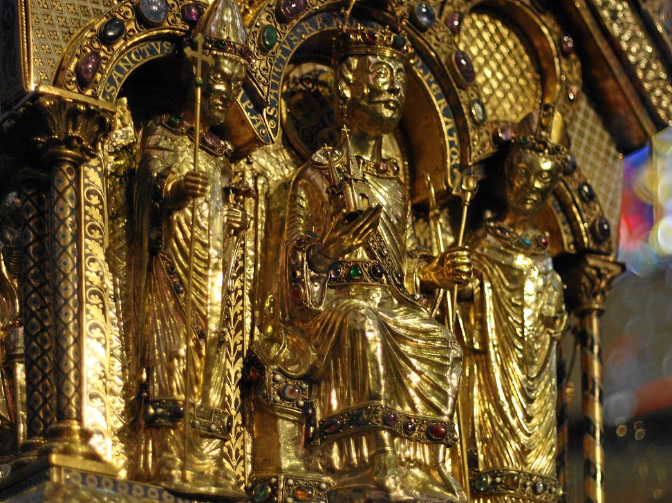 The gold Shrine of Charlemagne in Aachen Cathedral, decorated with figures of emperors under arches
