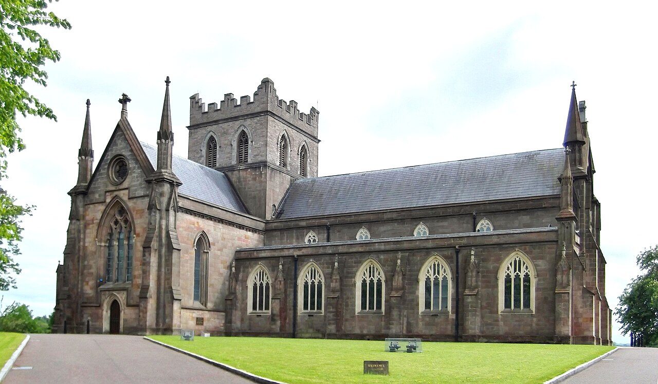 St Patrick's Church of Ireland Cathedral in Armagh, a low sandstone church with a square central tower on its hilltop
