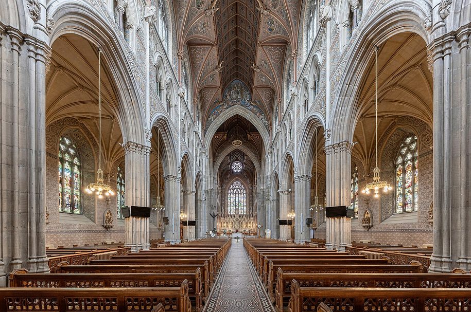 The richly painted and gilded nave of St Patrick's Catholic Cathedral in Armagh, looking east to the sanctuary