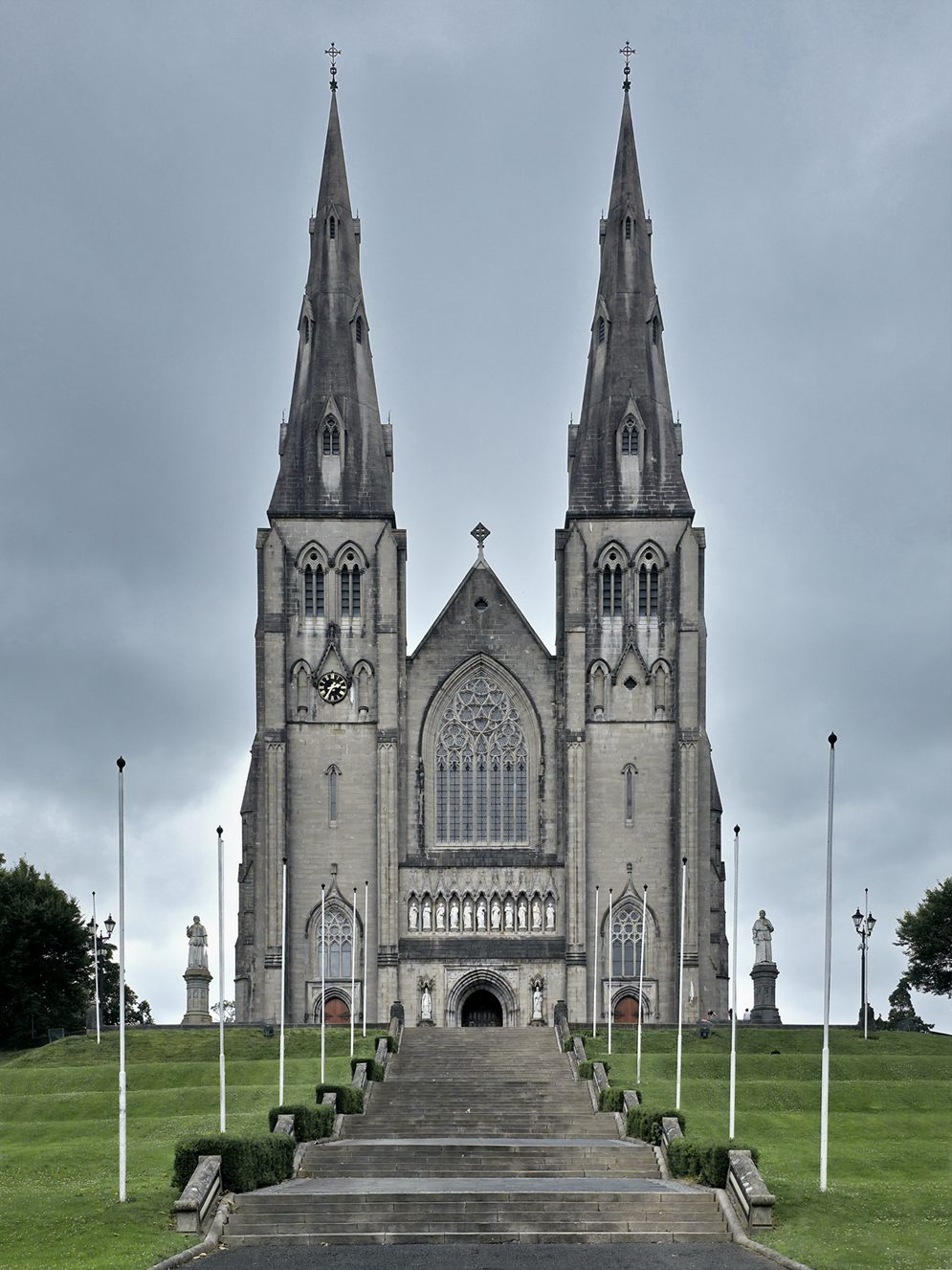 The twin-spired west front of St Patrick's Catholic Cathedral in Armagh, Northern Ireland