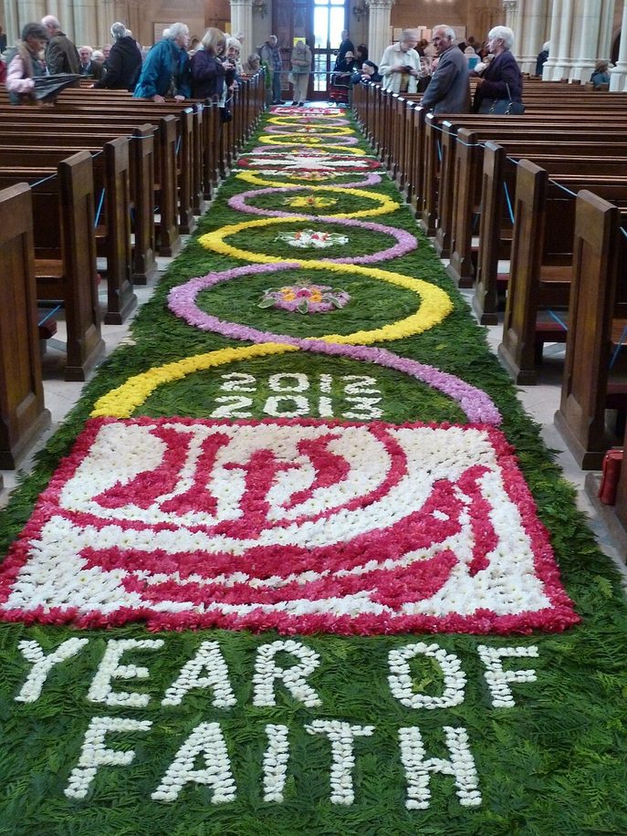 The carpet of flowers laid down the nave of Arundel Cathedral for the feast of Corpus Christi