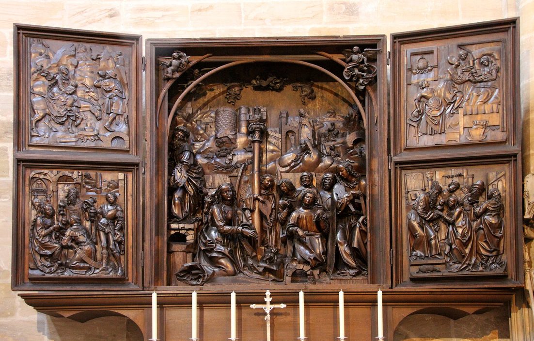 The carved limewood Bamberg Altar by Veit Stoss, with Nativity scenes in a central shrine and four side panels