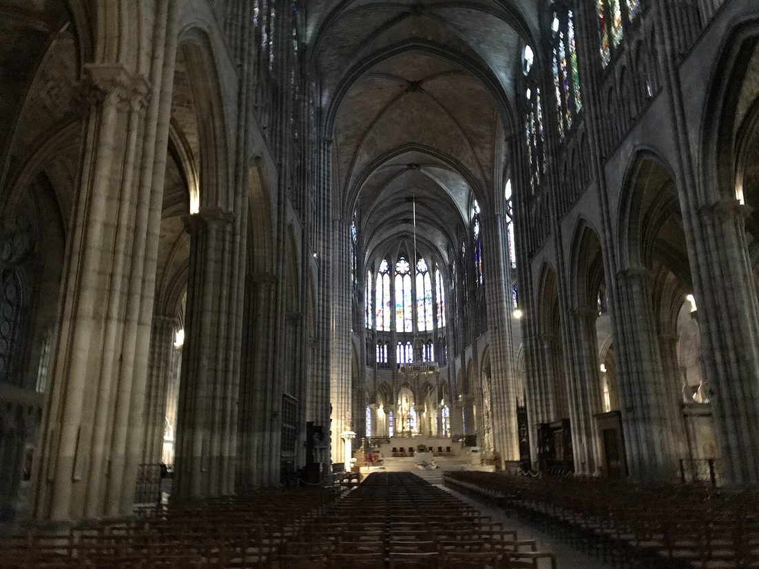 The tall thirteenth-century Gothic nave of the Basilica of Saint-Denis, with clerestory windows above