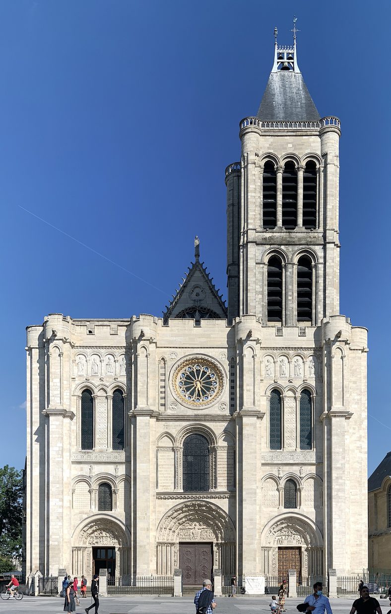 The west front of the Basilica of Saint-Denis, with its three round-arched portals and single south tower