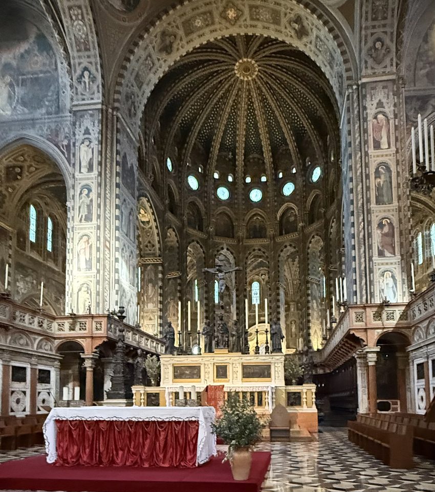 The high altar of the Basilica of St Anthony with Donatello's bronze statues and crucifix, under the domed choir