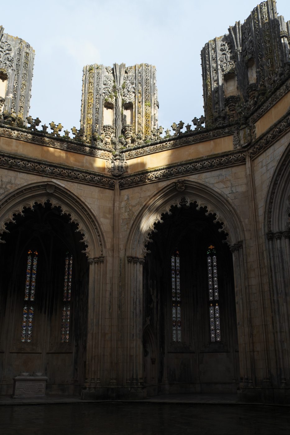Inside the octagon of the Unfinished Chapels at Batalha Monastery