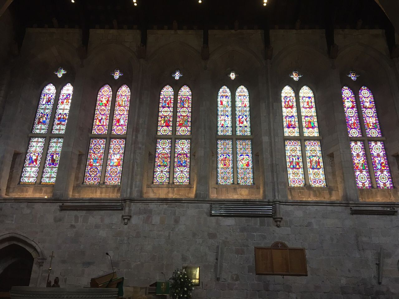 Victorian stained-glass windows designed by Pugin in the Priory Church at Bolton Abbey
