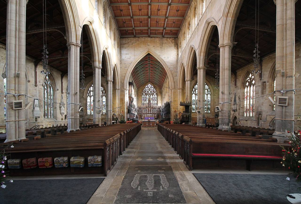 The wide, tall nave of St Botolph's Church in Boston looking east