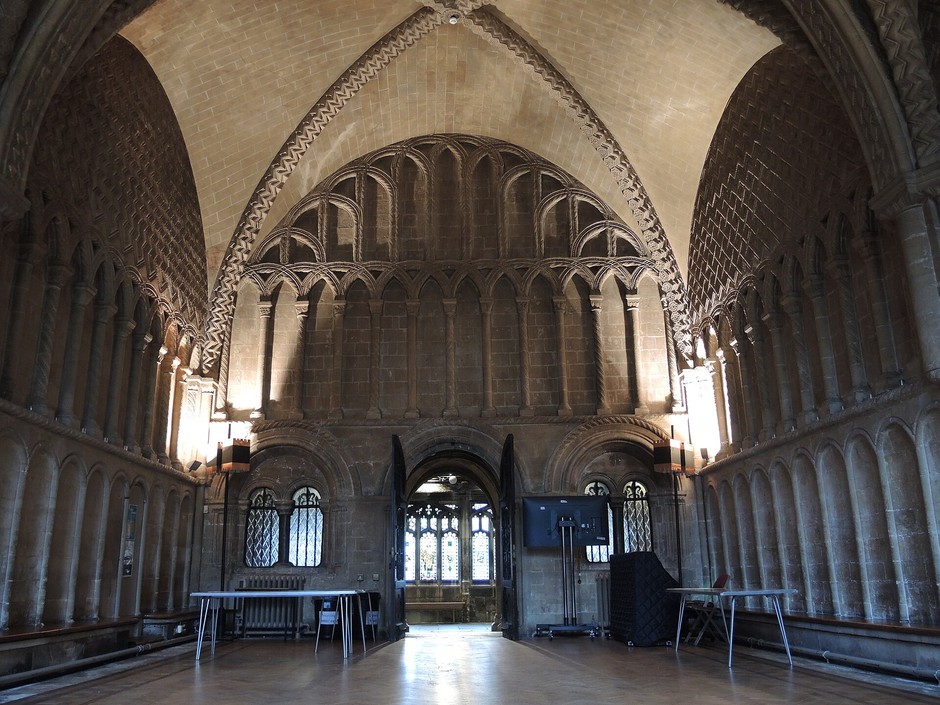 The carved Norman chapter house of Bristol Cathedral