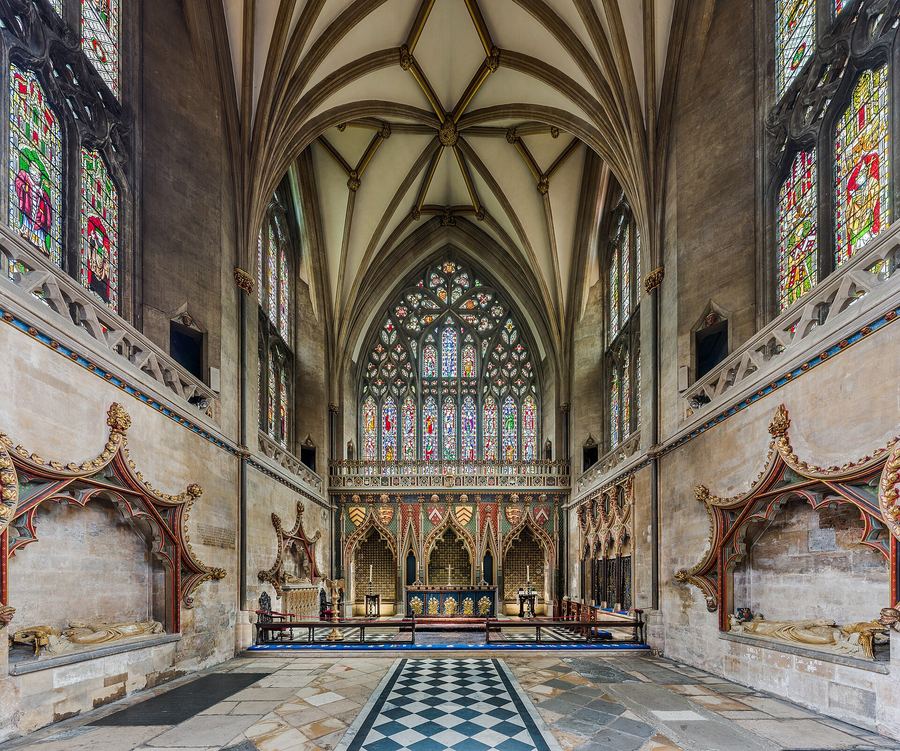The painted Eastern Lady Chapel of Bristol Cathedral with its great east window