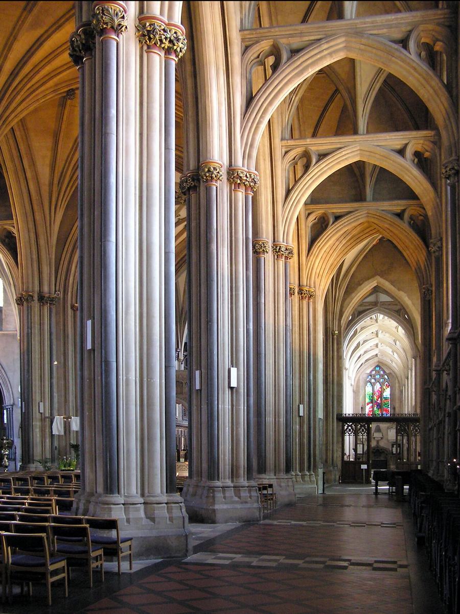 The open 'skeleton' vault of the south choir aisle at Bristol Cathedral with flying ribs across the aisle