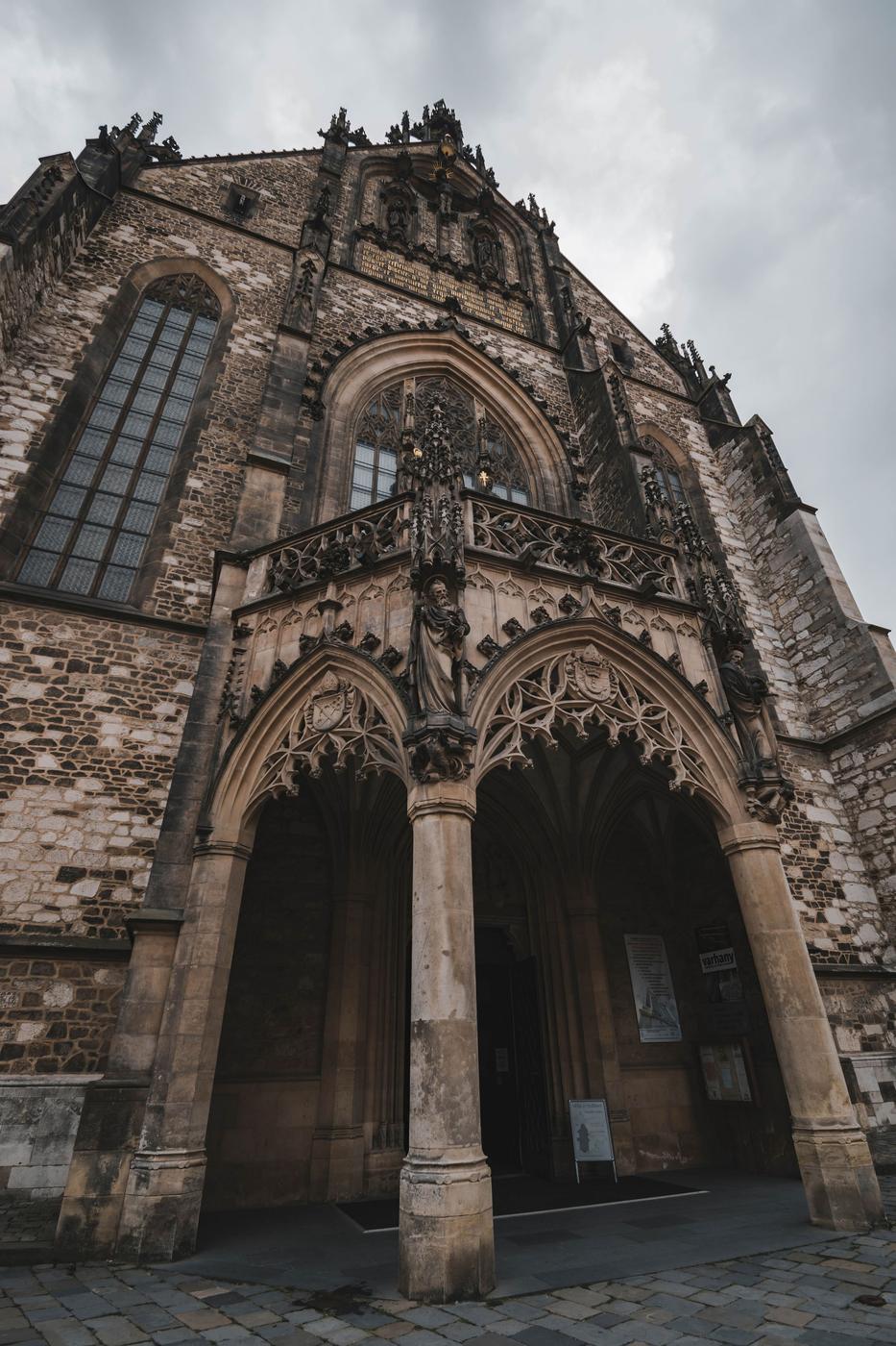 The deep neo-Gothic entrance porch of Brno cathedral