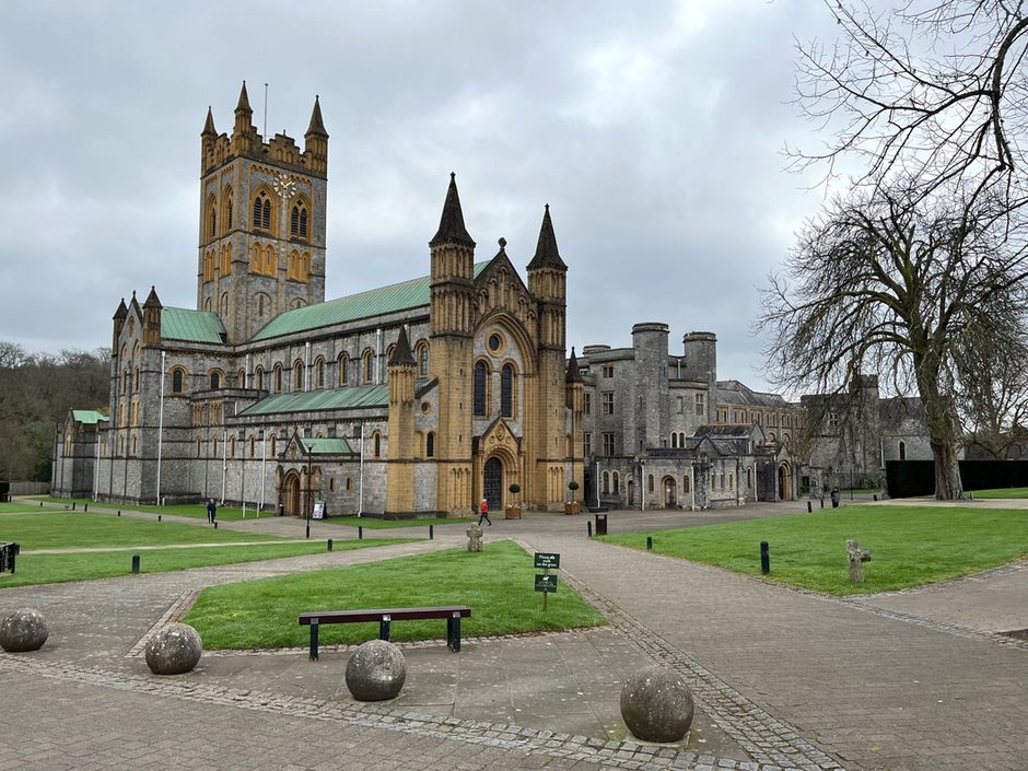 Buckfast Abbey church in Devon with its square central tower