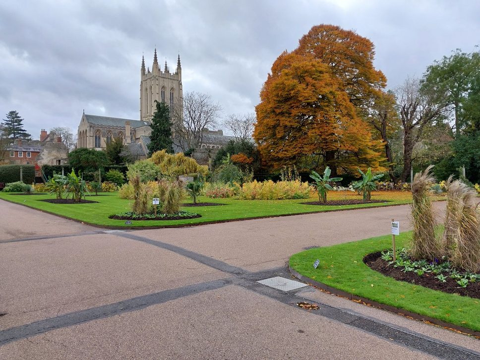 Flower beds and lawns in the Abbey Gardens, Bury St Edmunds, with the tower of St Edmundsbury Cathedral behind