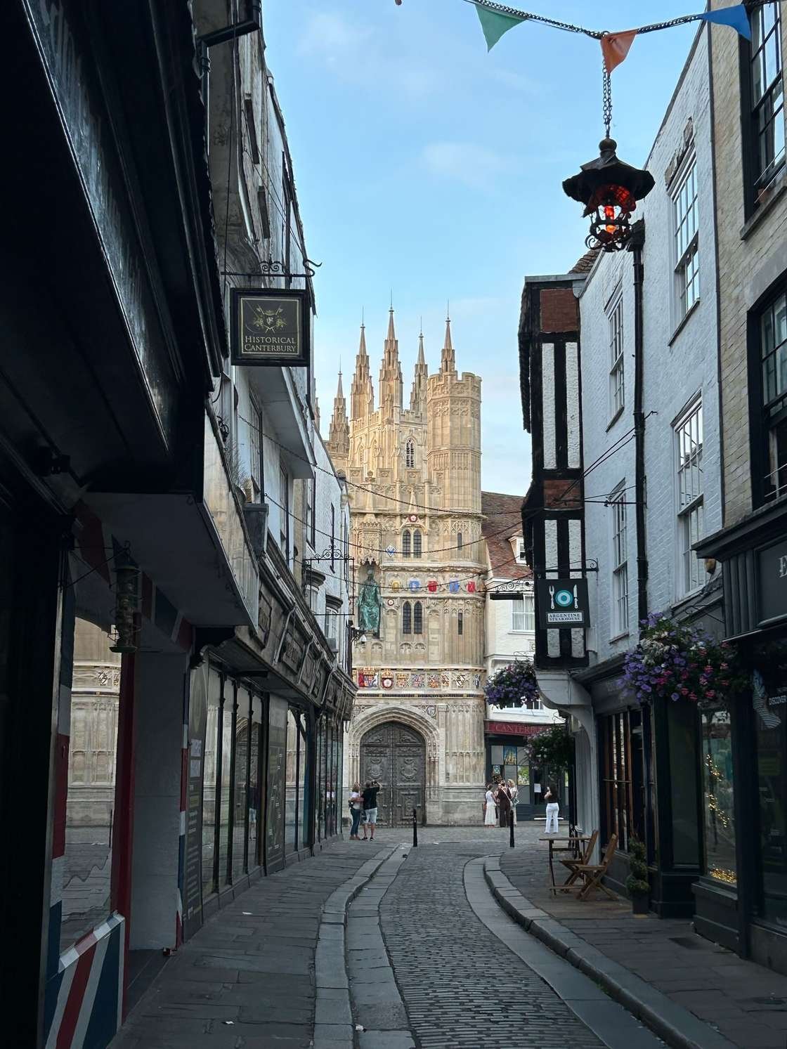 A quiet street in Canterbury leading toward the cathedral precincts