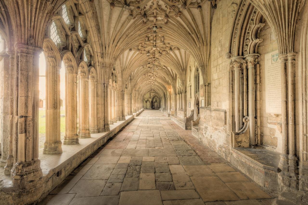 The Great Cloister of Canterbury Cathedral with its vaulted ceiling
