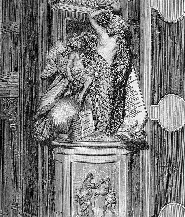 19th-century engraving of Queirolo's statue Disillusion, a man freeing himself from a carved net with the help of a winged spirit