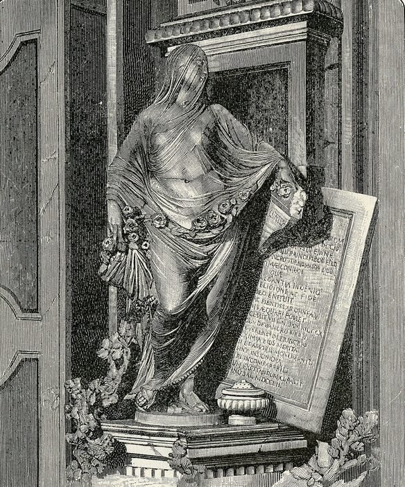 19th-century engraving of Corradini's statue Modesty, a woman entirely covered by a clinging veil, beside a tomb tablet