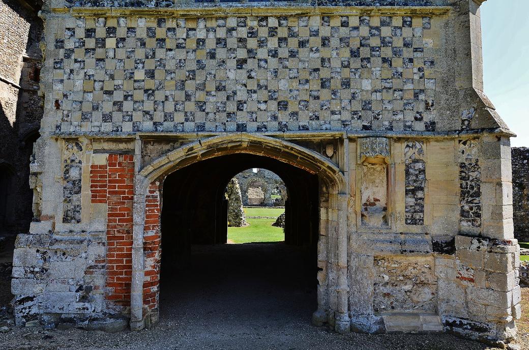 The porch of the prior's lodging at Castle Acre Priory, faced with a chequerwork of flint and stone