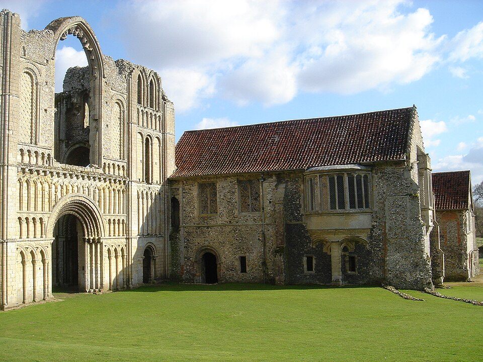The roofed prior's lodging at Castle Acre Priory, with its flint walls and windows