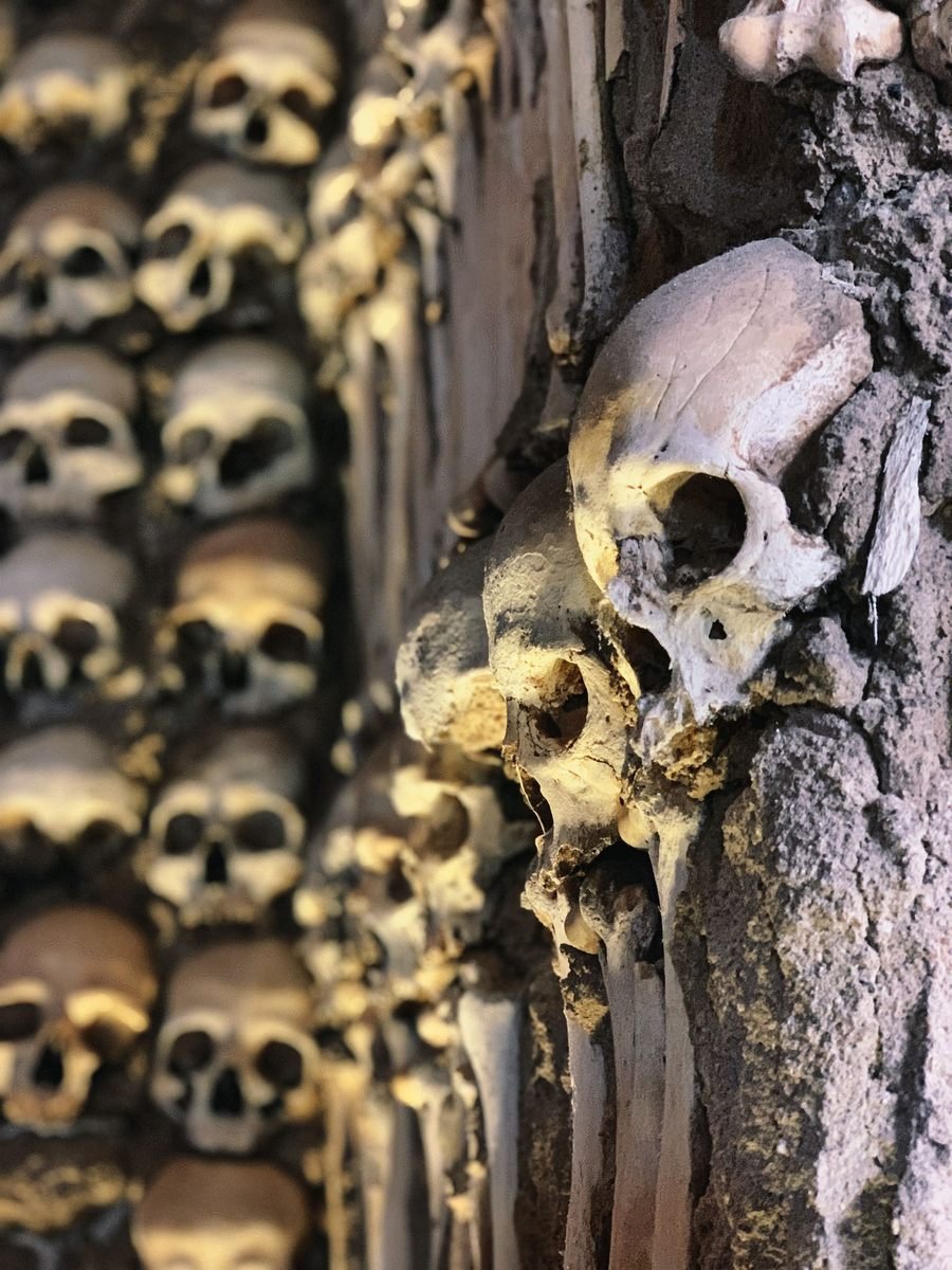 Skulls embedded in the wall of the Chapel of Bones in Evora