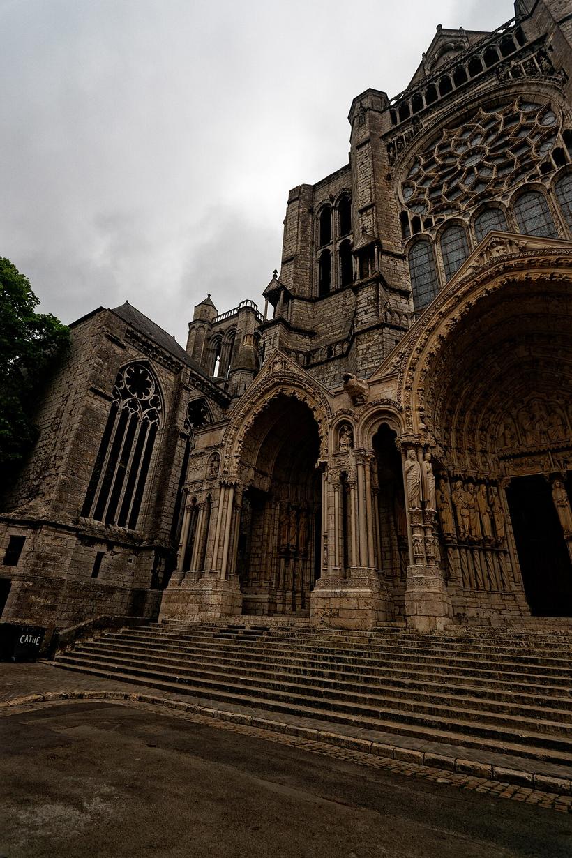 The north porch and north transept of Chartres Cathedral in shade