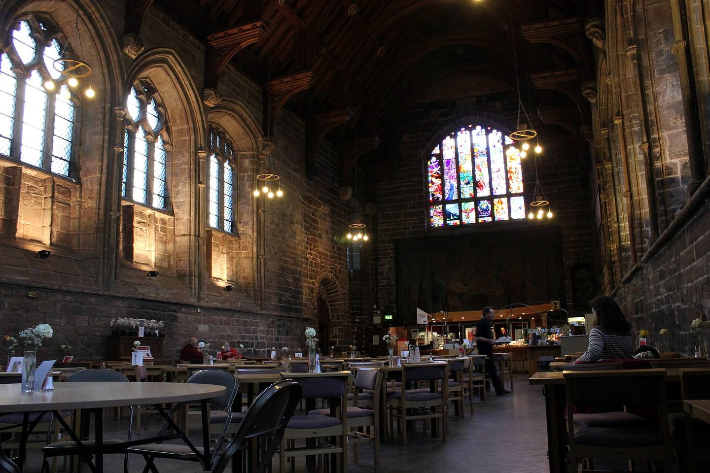 The monks' refectory at Chester Cathedral with its timber roof and wall pulpit