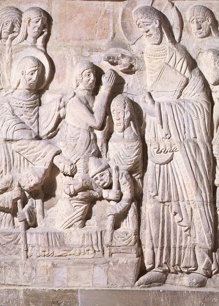 The twelfth-century carved stone relief of the Raising of Lazarus at Chichester Cathedral
