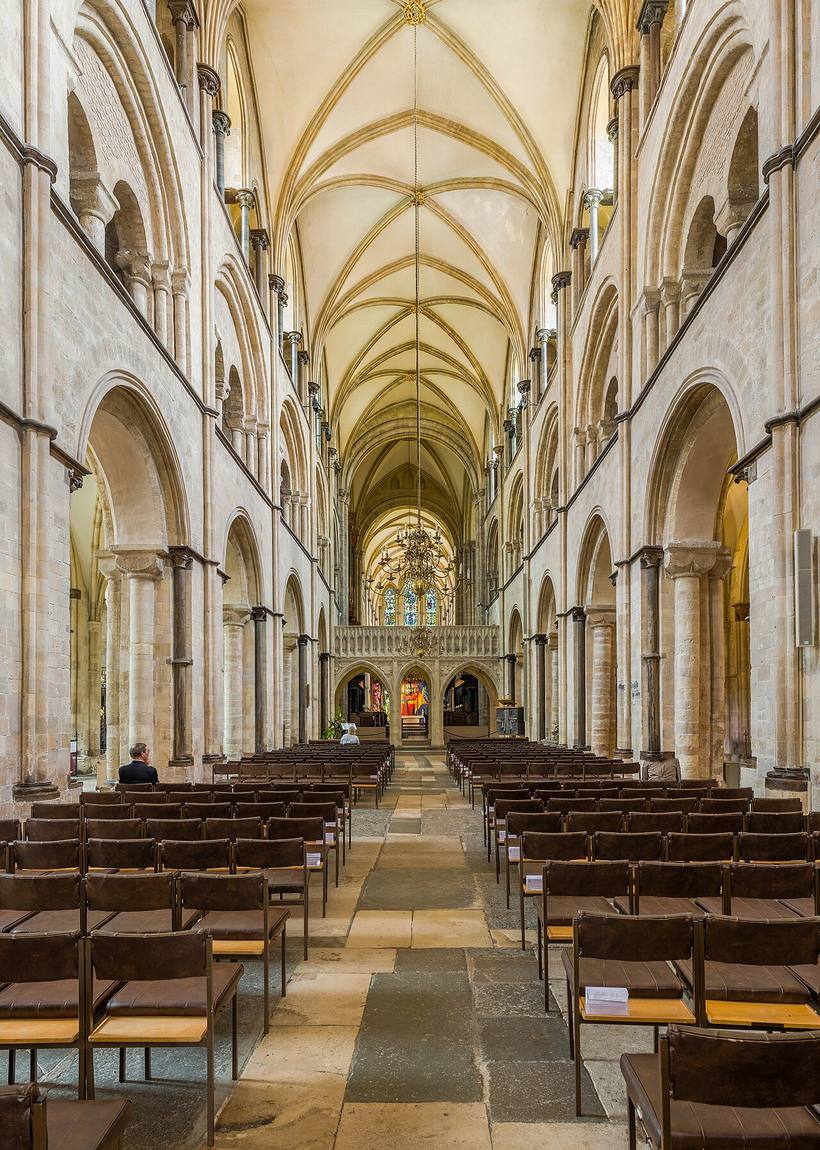 The long Norman nave of Chichester Cathedral looking east to the Arundel Screen