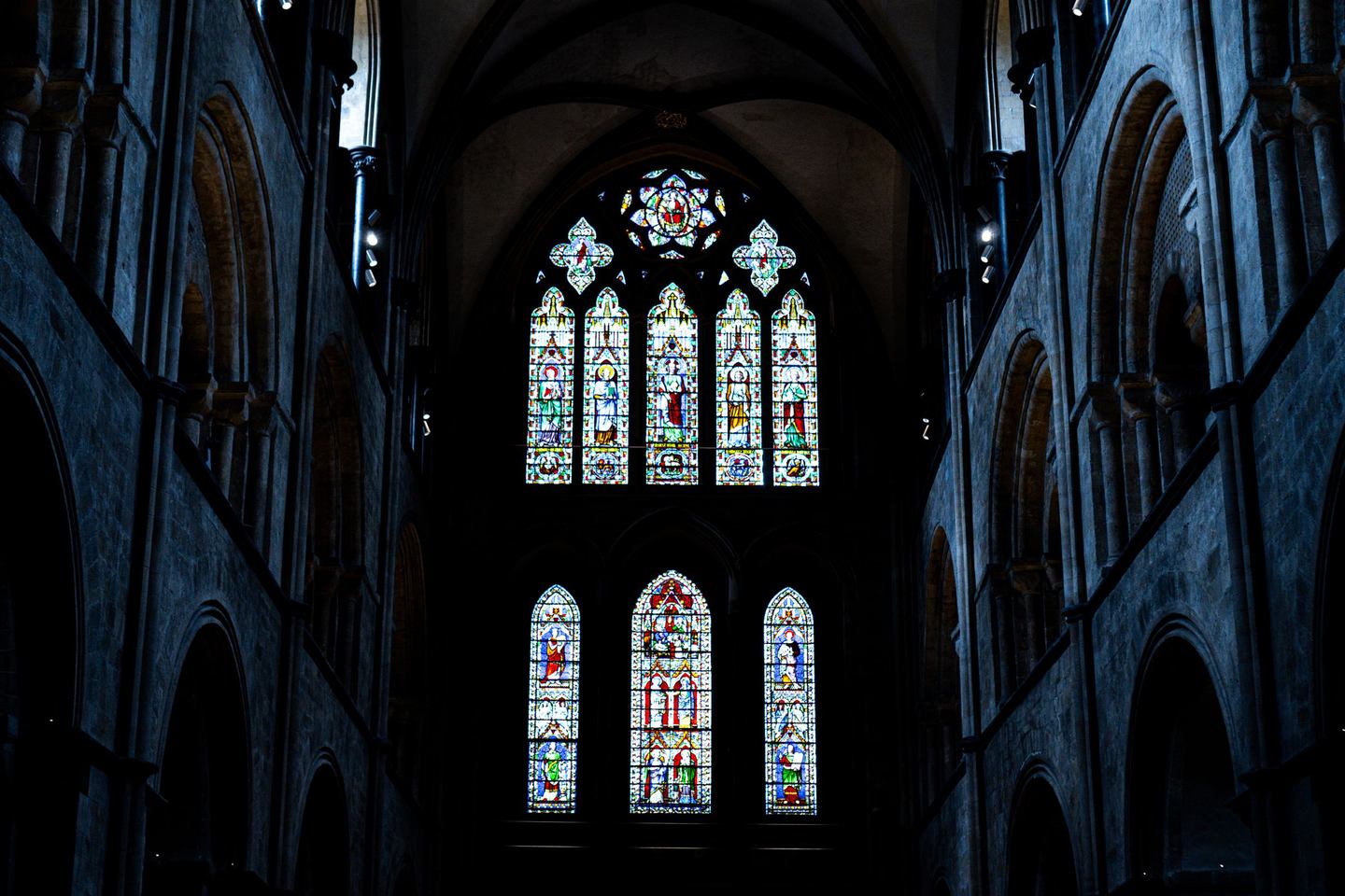 Stained-glass windows at the east end of Chichester Cathedral