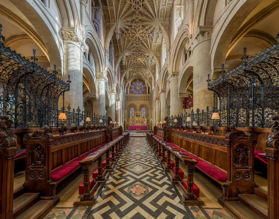 Looking east through the choir of Christ Church Cathedral, with its stalls and late-Norman arches