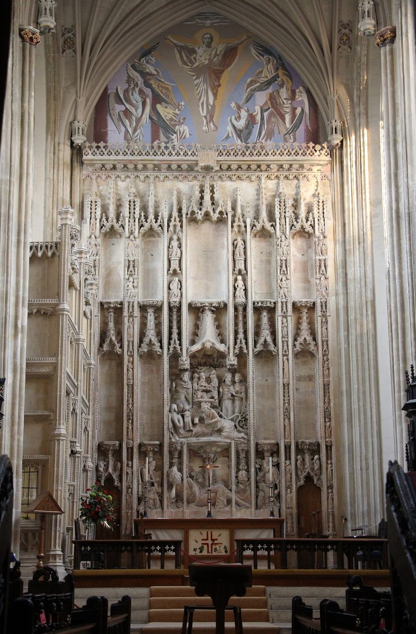 The carved stone Jesse reredos behind the high altar of Christchurch Priory