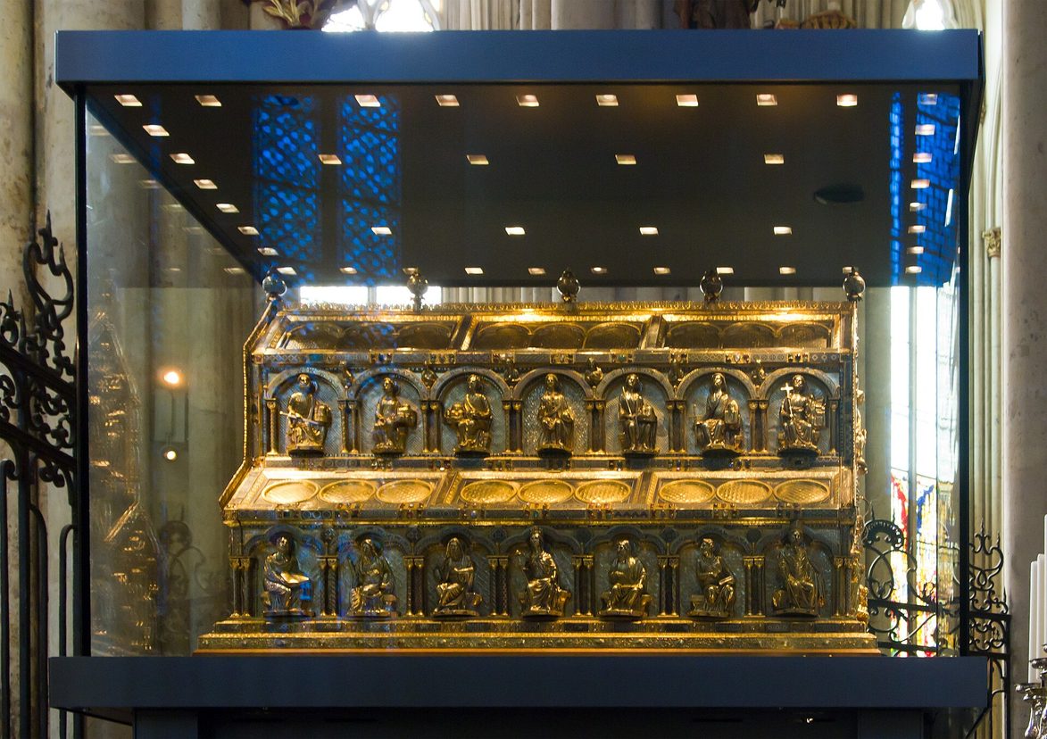 The gold Shrine of the Three Kings in Cologne Cathedral, decorated with enamel, gems and small figures