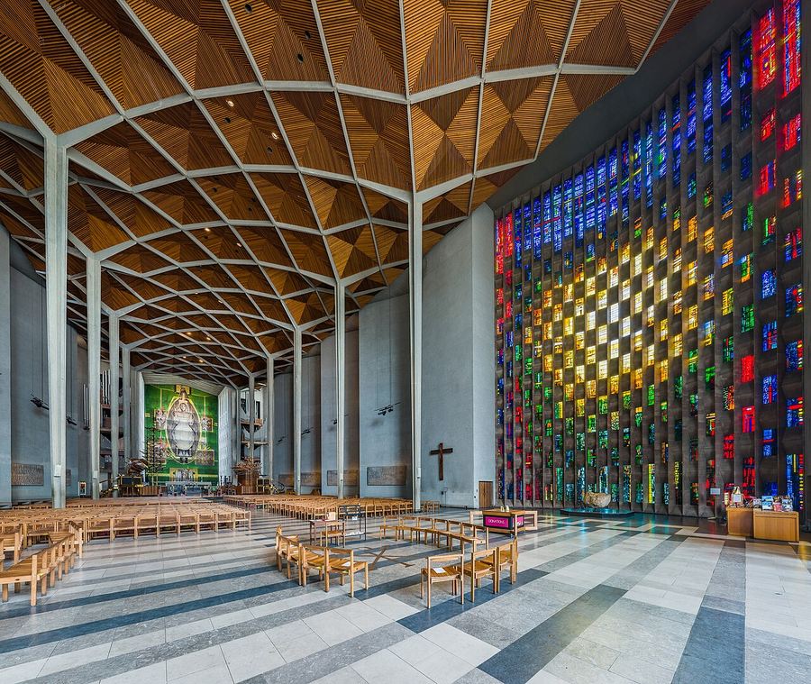 The interior of the new Coventry Cathedral looking towards the Sutherland tapestry