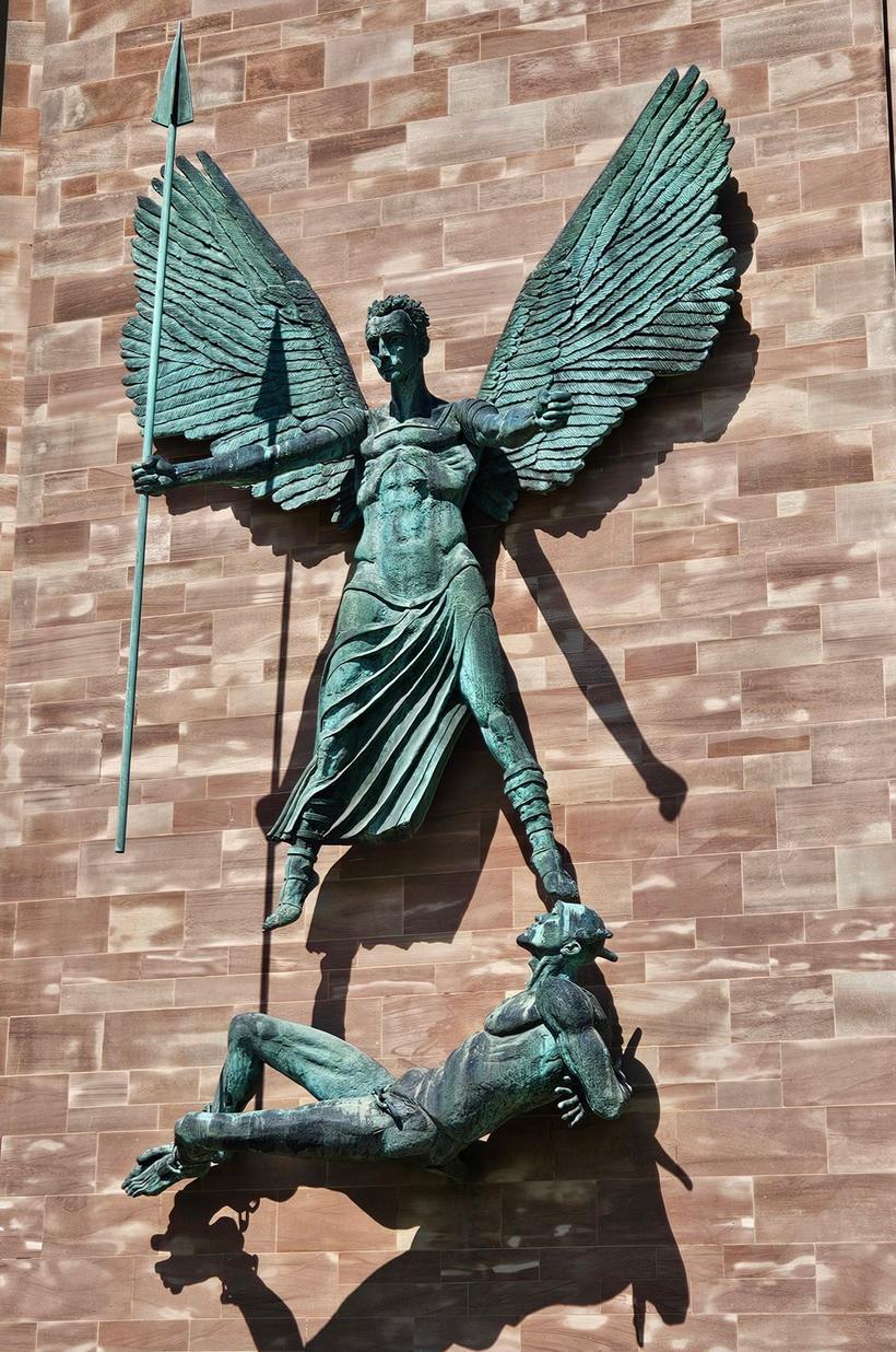 Jacob Epstein's bronze sculpture of St Michael defeating the Devil on Coventry Cathedral
