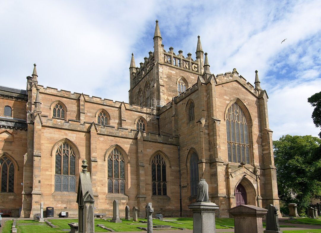 Dunfermline Abbey in Fife, with the square tower of the 1821 church carved with the words King Robert the Bruce