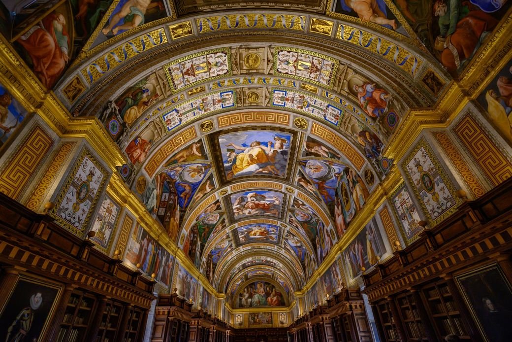 The frescoed main hall of the Royal Library at El Escorial
