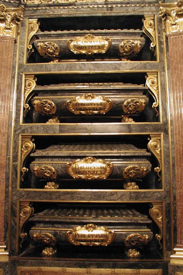 Stacked marble royal sarcophagi in the Pantheon of the Kings at El Escorial