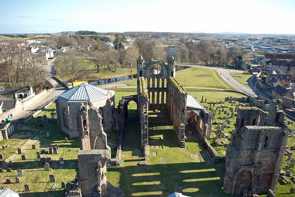 Looking down from a west tower of Elgin Cathedral over the ruined choir, the east end and the octagonal chapter house