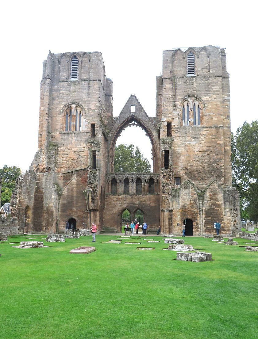 The inside of the west towers of Elgin Cathedral seen from the grassed-over nave