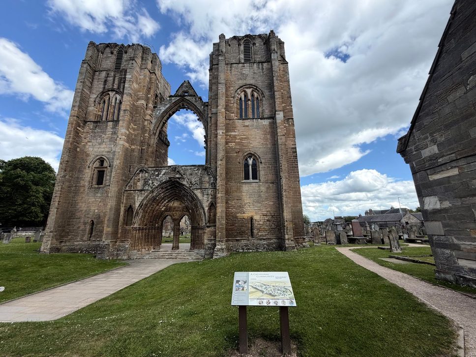 The twin west towers and great west doorway of the ruined Elgin Cathedral in Moray