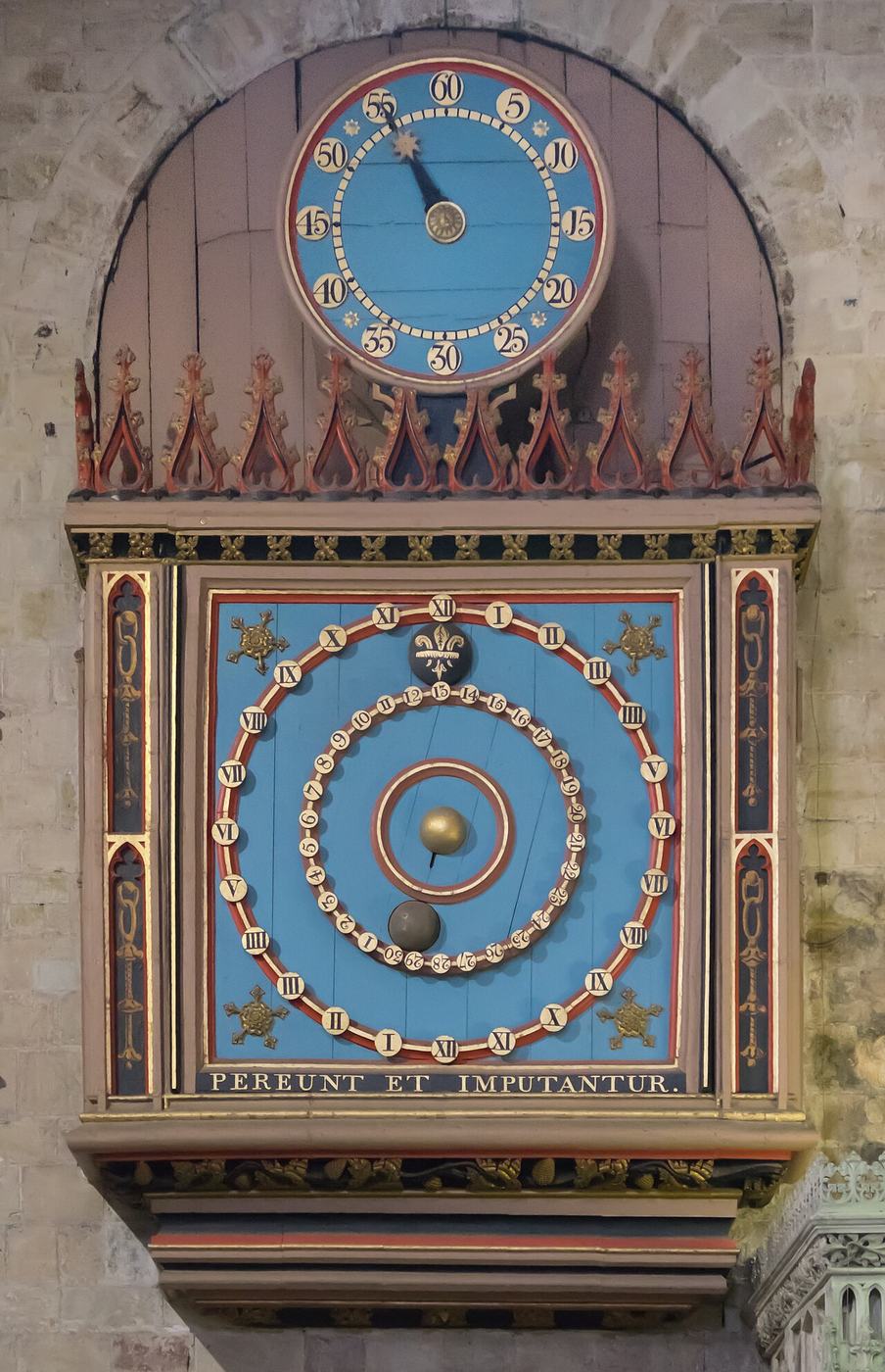 The blue and gold astronomical clock in the north transept of Exeter Cathedral
