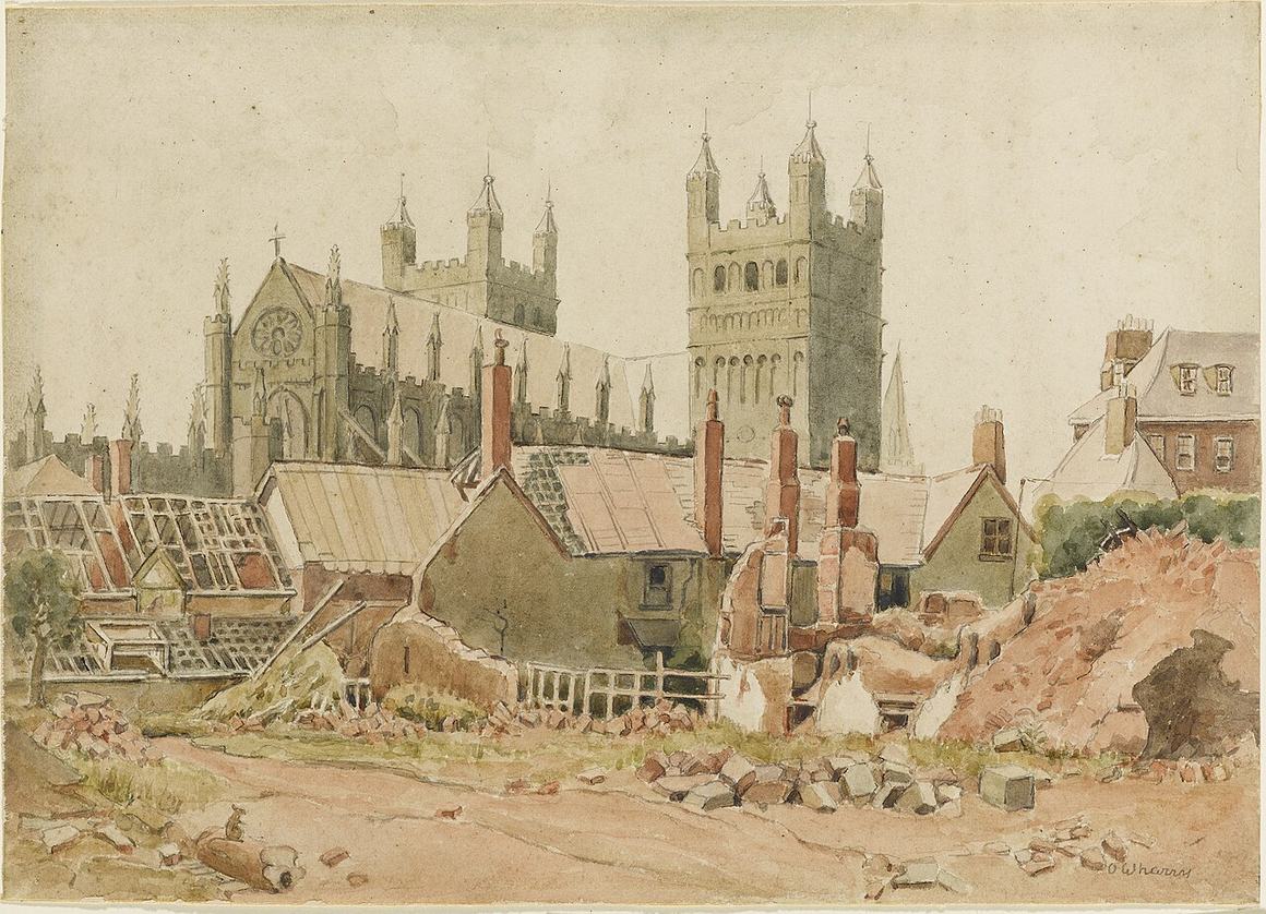 A painting of Exeter Cathedral rising over bombed ruins after the 1942 air raid