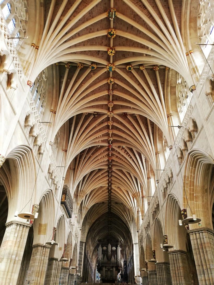 The nave of Exeter Cathedral looking east under its ribbed vault
