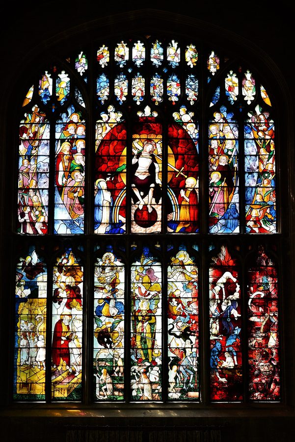 The great west window of St Mary's, Fairford, showing the Last Judgement in medieval stained glass