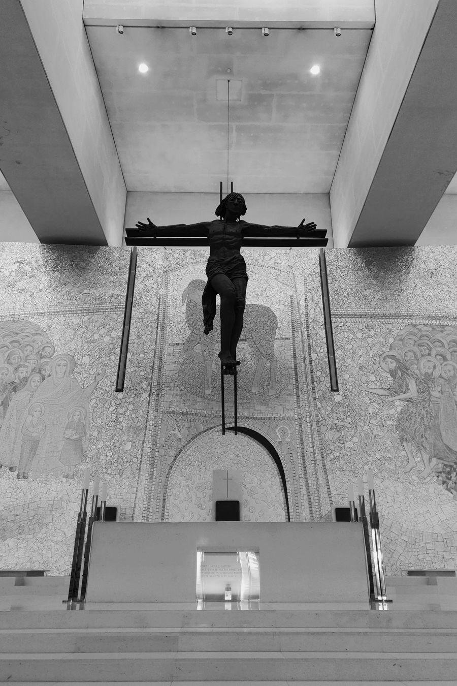 The large crucifix inside the modern Basilica of the Holy Trinity at Fatima