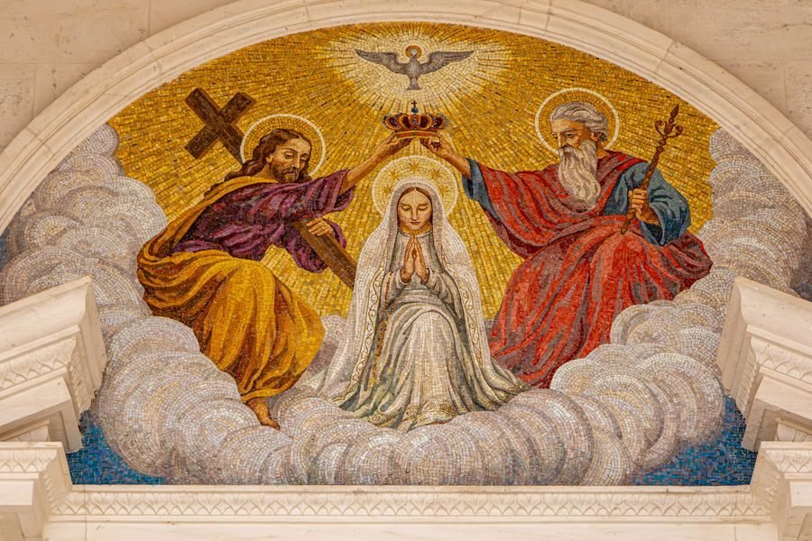 A detailed religious mosaic inside the Basilica of the Holy Trinity at the Fatima Sanctuary