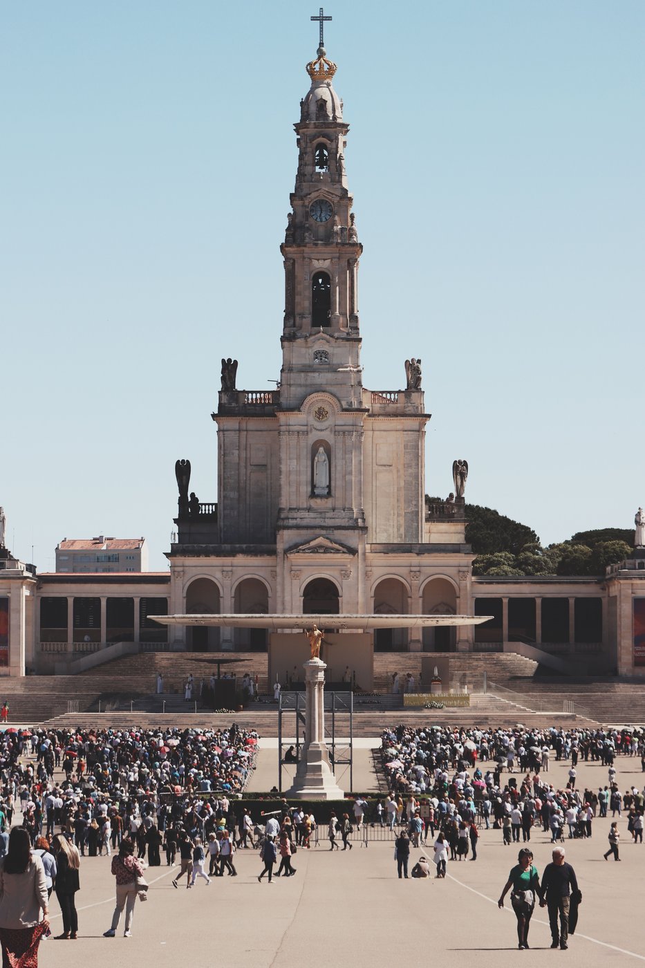 Crowds of pilgrims gathered on the esplanade in front of the basilica at Fatima