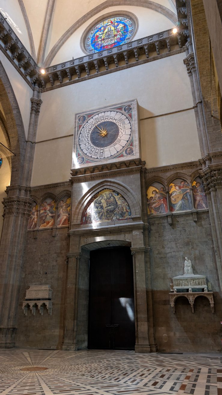 The one-handed clock painted by Paolo Uccello on the inside west wall of Florence Cathedral
